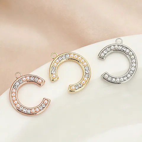 Copper Geometric Letter C Shape DIY Jewelry Pendant With Artificial Pearl Rhinestone Electroplated Pendant For Necklace Earring Accessory