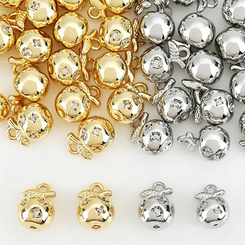 18K Gold Plated Copper Apple Fruit Charms With Zirconia 3D Round Apple Pendants For DIY Jewelry Making Necklaces Bracelets