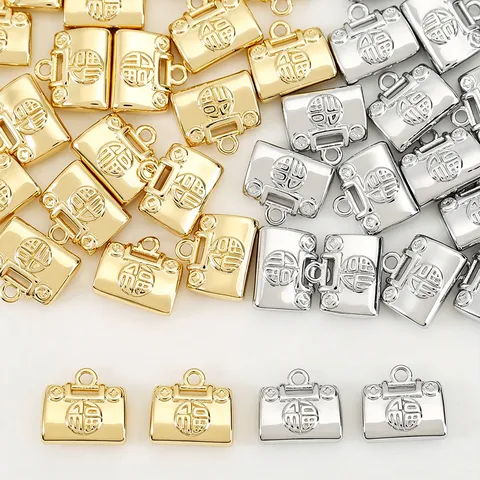 Pendentif Serrure de Longévité en Cuivre Plaqué Or 18K Style Chinois Caractère Fu pour Création de Bijoux DIY