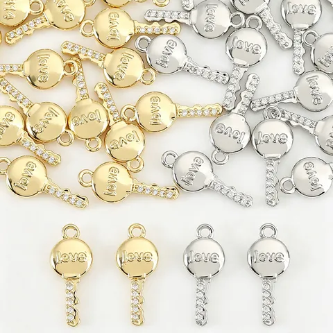 Copper Rhinestone Key Pendant Love Engraved Charms Gold Silver Plated DIY Accessories For Necklace Earrings Jewelry Making