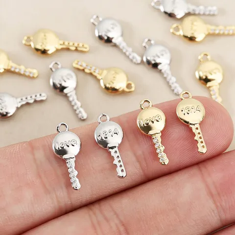 Copper Rhinestone Key Pendant Love Engraved Charms Gold Silver Plated DIY Accessories For Necklace Earrings Jewelry Making