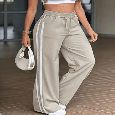 Women Casual Pants Elastic High Waist Drawstring Loose Wide Leg Sweatpants With Side Stripes Polyester Trousers Sporty Daily Joggers