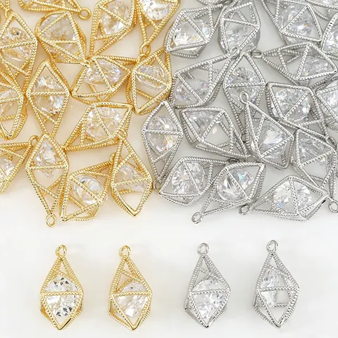 Fashion Copper Electroplated Hollow Geometric Rhombus Rhinestone Pendant Charms For Handmade DIY Bracelet Necklace Crafts Accessories Materials Jewelry Findings
