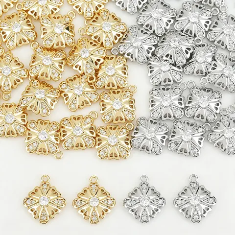 Pendentifs en Cuivre Plaqué Or 18K avec Zirconia Fleur Ajourée pour Création de Bijoux DIY Breloques Fleurs à Quatre Pétales