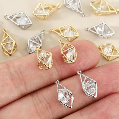 Fashion Copper Electroplated Hollow Geometric Rhombus Rhinestone Pendant Charms For Handmade DIY Bracelet Necklace Crafts Accessories Materials Jewelry Findings