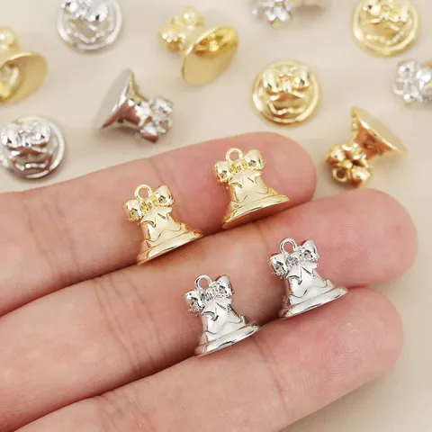 Christmas 3D Bell Pendant Copper Gold Silver Plated Bow Tie Bell Charms For DIY Jewelry Making Accessories Holiday Hanging Decor