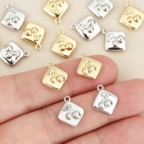 Rhombus Embossed Cherry Pendant Electroplated Copper Metal Fruit Charms Mini Loose Beads Findings For DIY Earring Necklace Crafts Making