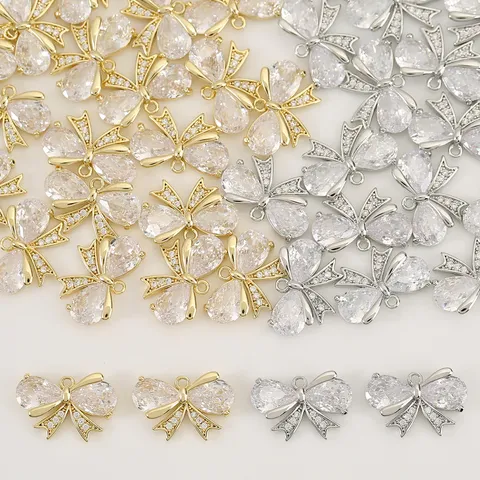 DIY Jewelry Accessory Bow Knot Pendant Copper Plated Rhinestone Charms For Earrings Necklace Making Handcraft Findings