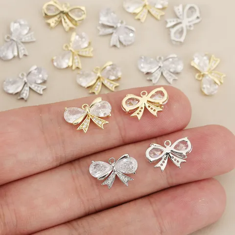 DIY Jewelry Accessory Bow Knot Pendant Copper Plated Rhinestone Charms For Earrings Necklace Making Handcraft Findings
