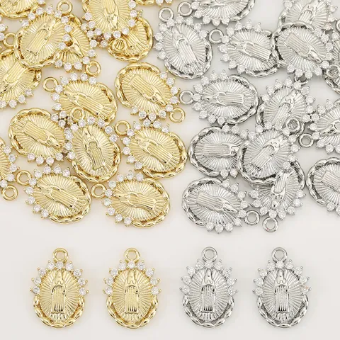 Ciondolo Ritratto in Rame Zirconia Minimalista Ciondolo Ovale Vergine Maria Per Creazione Gioielli DIY Accessorio Moda Versatile