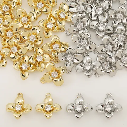 Copper 18K Gold Plated Zirconia Four Petal Flower Charms For DIY Jewelry Making Necklaces Bracelets Handmade Accessories