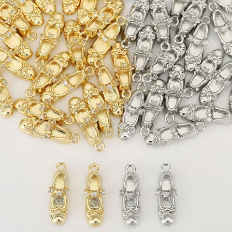 18K Gold Plated Copper Ballet Shoe Pendant Charm With Bowknot Zirconia For DIY Jewelry Making Accessories Sweet Elegant Metal Charm