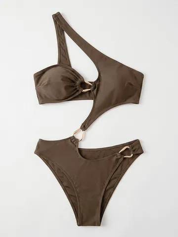 Women Asymmetrical One Shoulder One-Piece Swimsuit Solid Color Coffee Nylon Spandex Cutout Swimwear Metal Ring Buckle Beach Wear
