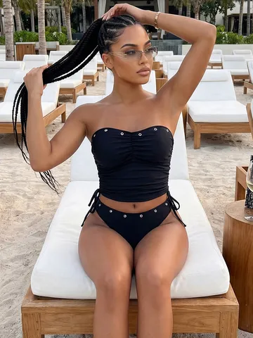 Sexy Gerafftes Bikini-Set Damen Einfarbig Nylon Oberteil Und Unterteil Badeanzug Metallösen Kordelzug Strandmode Bademode