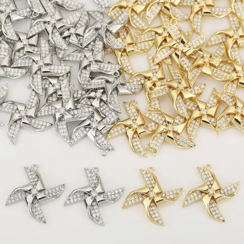 18K Gold Silver Plated Copper Windmill Pendant Zirconia Inlaid Four-Leaf Windmill Charm For DIY Jewelry Making Accessories