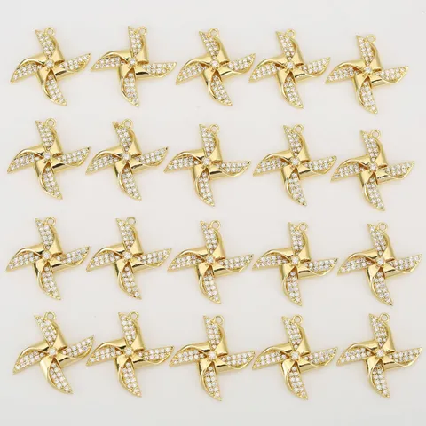 18K Gold Silver Plated Copper Windmill Pendant Zirconia Inlaid Four-Leaf Windmill Charm For DIY Jewelry Making Accessories