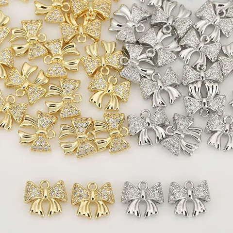 Ciondolo a Fiocco in Rame Placcato Oro 18K Con Zirconia per Fai da Te Creazione Gioielli Collane Bracciali Accessori Dolci e Carini