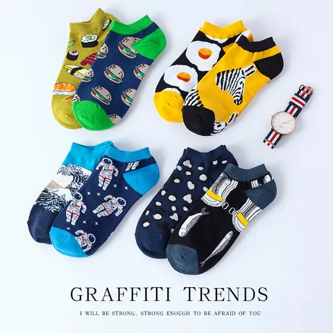 Men Women Cotton Short Socks Breathable Ankle Socks Trendy Art Painting Fruit Animal Print Casual Fashion Hosiery