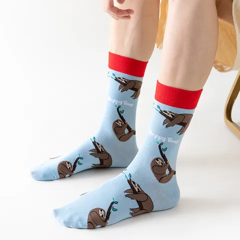 Cartoon Animal Print Crew Socks Cotton Blend Comfortable Mid Calf Casual Fashion Socks For Men And Women Daily Wear