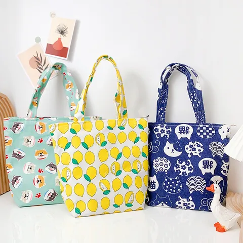 Cartoon Bedrukte Canvas Lunchtas Draagbare Handtas met Rits Leuke Dieren Fruit Tote Tas Voor Studenten Kantoormedewerkers