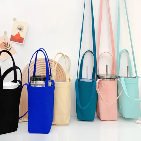 Minimalistisch Einfarbig Segeltuch Wasserflaschenhülle Tragbare Umhängetasche Getränkehalter Tasche Handheld Becher Schutzhülle Für Tägliche Reisen Außenbereich