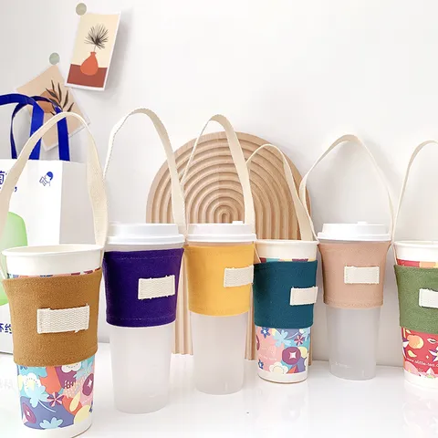 Tragbare Segeltuch Becherhülle Griff Wiederverwendbare Getränketräger Tasche Einfarbig Kaffee Tee Milchtee Flaschenträger Tägliche Aufbewahrung Handtasche