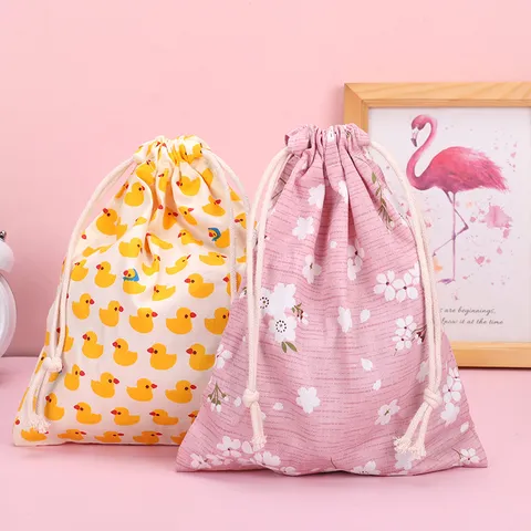 Süße Baumwoll Kordelzugbeutel Blumen Ente Muster Aufbewahrungstasche Für Make-up Reisen Handy Organizer Tragbare Bedruckte Stofftasche
