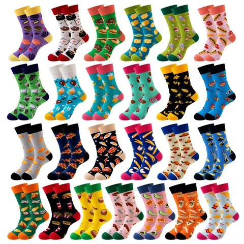 Unisex Trendy Cotton Blend Crew Socks Funny Food Printed Burger Pizza Sushi Cat Patterns Casual Breathable Socks Mid-Tube Socks