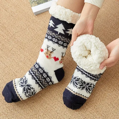Women Winter Christmas Thermal Fleece Lined Polyester Floor Socks Anti-Slip Thickened Cute Cartoon Sleep Home Socks