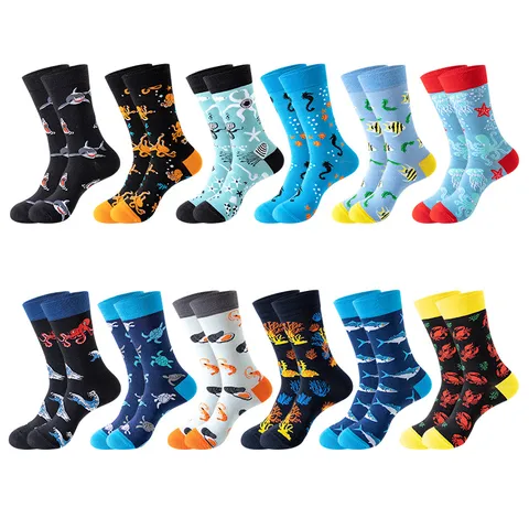 Unisex Casual Cotton Crew Socks Marine Life Cartoon Print Trendy Comfortable Breathable Daily Fashion Socks