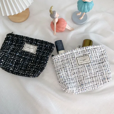Large Capacity Elegant Tweed Cosmetic Bag Portable Travel Makeup Fashion Trend Storage Organizer Bag For Women