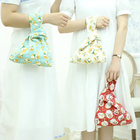 Japanischer Stil Leinwand Knoten Handgelenk Tasche Für Damen Cartoon Shiba Inu Glückskatze Bedruckt Kleine Handtasche Für Handy Schlüssel