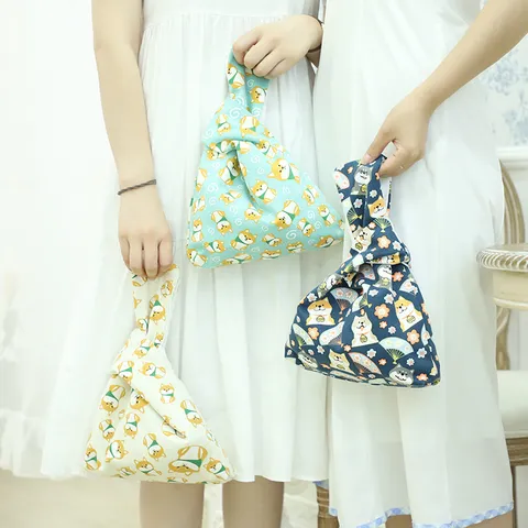 Japanischer Stil Leinwand Knoten Handgelenk Tasche Für Damen Cartoon Shiba Inu Glückskatze Bedruckt Kleine Handtasche Für Handy Schlüssel