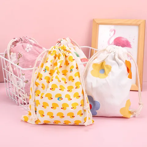 Süße Baumwoll Kordelzugbeutel Blumen Ente Muster Aufbewahrungstasche Für Make-up Reisen Handy Organizer Tragbare Bedruckte Stofftasche