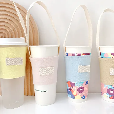 Tragbare Segeltuch Becherhülle Minimalistisch Bonbonfarben Wärmeisolierend Flaschenträger Kaffee Milchtee Halter Tasche Mit Riemen