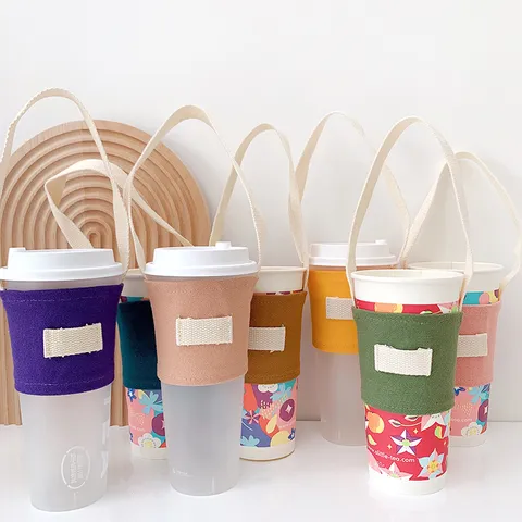Tragbare Segeltuch Becherhülle Griff Wiederverwendbare Getränketräger Tasche Einfarbig Kaffee Tee Milchtee Flaschenträger Tägliche Aufbewahrung Handtasche