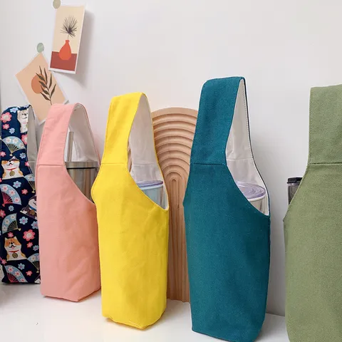 Simpatica Custodia per Tazza in Tela Borsa per Bottiglia d'Acqua Portatile Stile Ins Porta Caffè Porta Bevande Portatile per Studenti