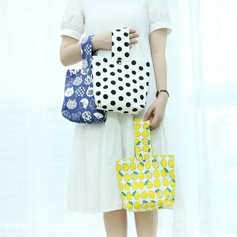 Japanischer Stil Polka Dot Katze Zitrone Print Leinwand Handtasche Minimalistisch Lässig Kleine Tote Handgelenk Tasche Damen Alltagstasche
