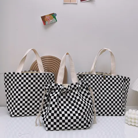 Bolsa de Almuerzo de Lona de Tablero de Ajedrez Estilo Japonés Bolso de Mano Portátil Bento Con Cordón Y Cremallera Para Picnic Oficina