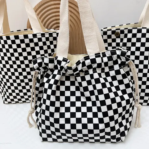 Bolsa de Almuerzo de Lona de Tablero de Ajedrez Estilo Japonés Bolso de Mano Portátil Bento Con Cordón Y Cremallera Para Picnic Oficina