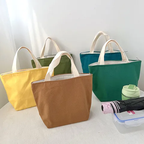 Tragbare Segeltuch Lunchtasche Minimalistische Einfarbige Handtasche Mit Reißverschluss Und Gurtbandgriff Für Büro Picknick