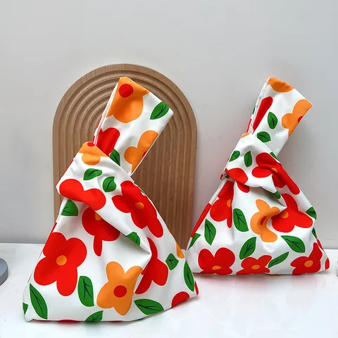 Japanese Style Floral Print Canvas Knot Wristlet Bag Portable Handbag For Women Small Storage Pouch For Keys Coins