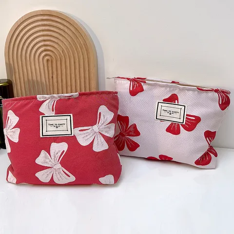 Tragbare Segeltuch Kulturbeutel Schleifendruck Make-up Tasche Reißverschluss Reise Aufbewahrungstasche Für Damen Kosmetik Organizer