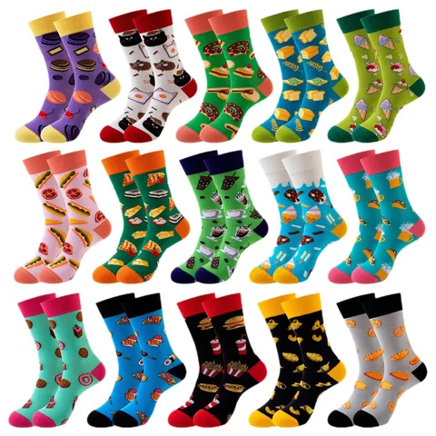 Unisex Trendy Cotton Blend Crew Socks Funny Food Printed Burger Pizza Sushi Cat Patterns Casual Breathable Socks Mid-Tube Socks