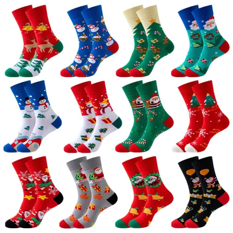 Christmas Socks For Men Women Cotton Mid-Calf Socks Santa Claus Snowman Christmas Tree Pattern Festive Party Socks Holiday Gift