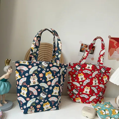 Large Capacity Canvas Handbag For Women Sweet Cartoon Dog Floral Printed Zipper Lunch Bag Japanese Style Tote Carry Bag