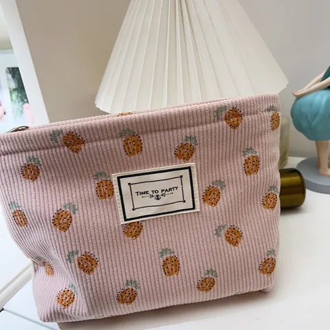 Mignonne Trousse de Toilette en Velours Côtelé Frais Imprimé Ananas Grande Capacité Pochette Organisateur de Voyage Pour Femmes