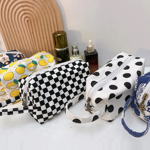 Vintage Schachbrett Segeltuch Kosmetiktasche Tragbare Reise Waschbeutel Mehrzweck Reißverschluss Makeup Organizer Tasche Für Damen