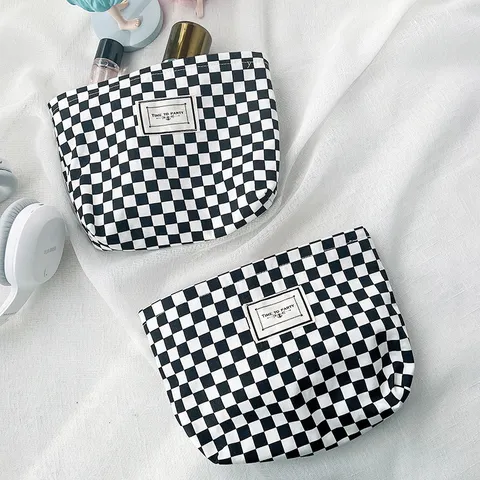 Moderne Karo Segeltuch Kosmetiktasche Quadratische Schachbrettmuster Tragbare Kosmetik Aufbewahrungstasche Handheld Reißverschluss Kulturbeutel Organizer Für Reisen Täglich