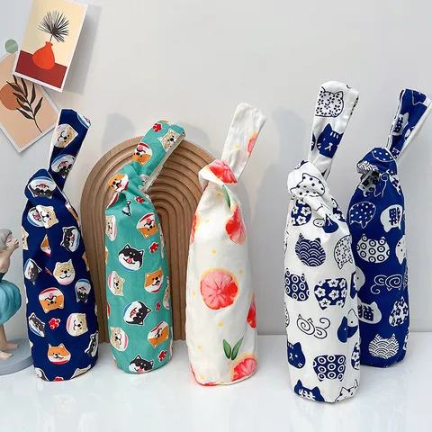 Custodia Protettiva per Tazza d'Acqua in Tela Stile Giapponese Con Manico Nodo da Polso Fondo Tondo Borsa per Trasporto Portatile per Uso Quotidiano
